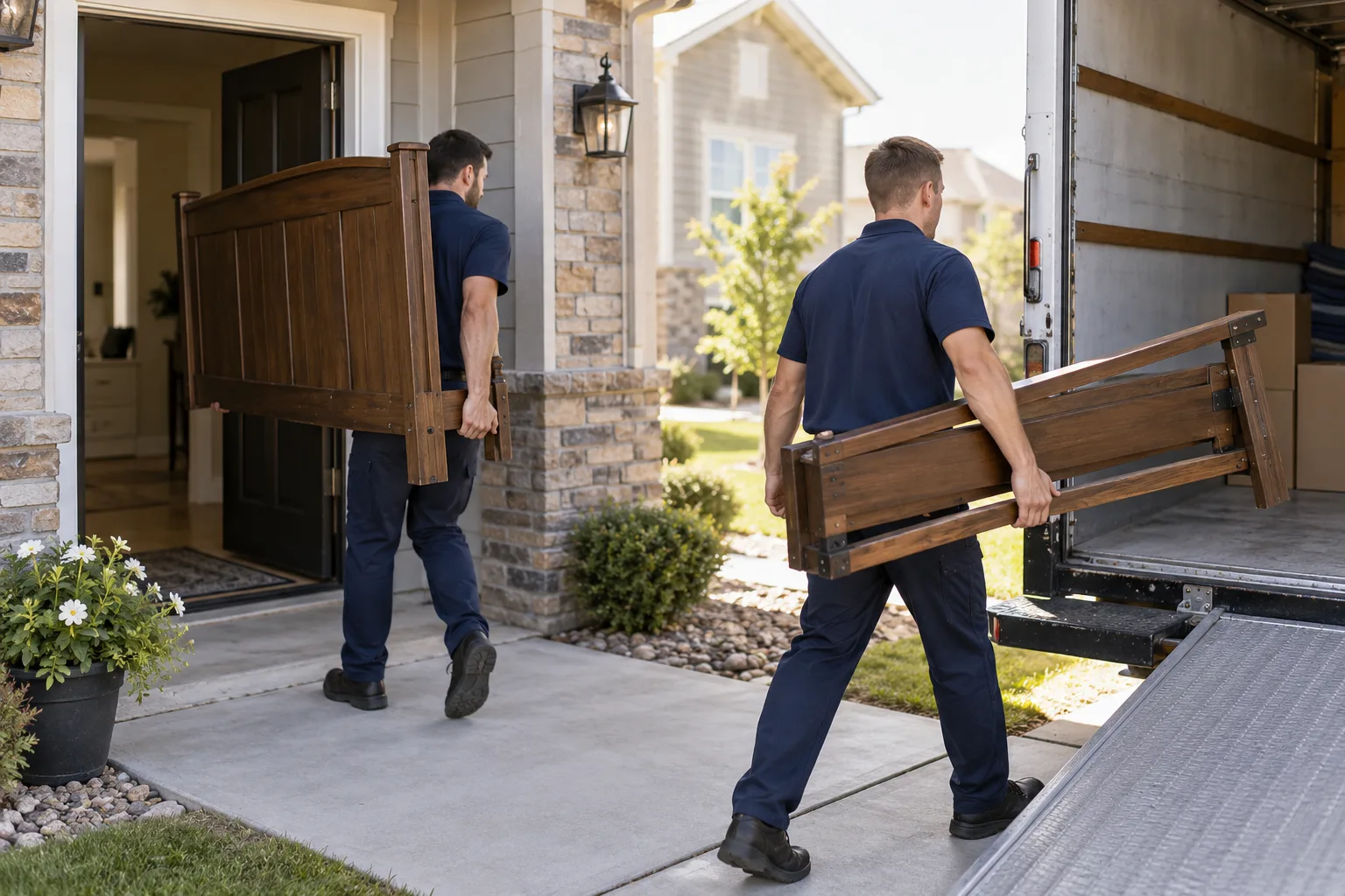 Movers carrying disassembled bed pieces to a truck